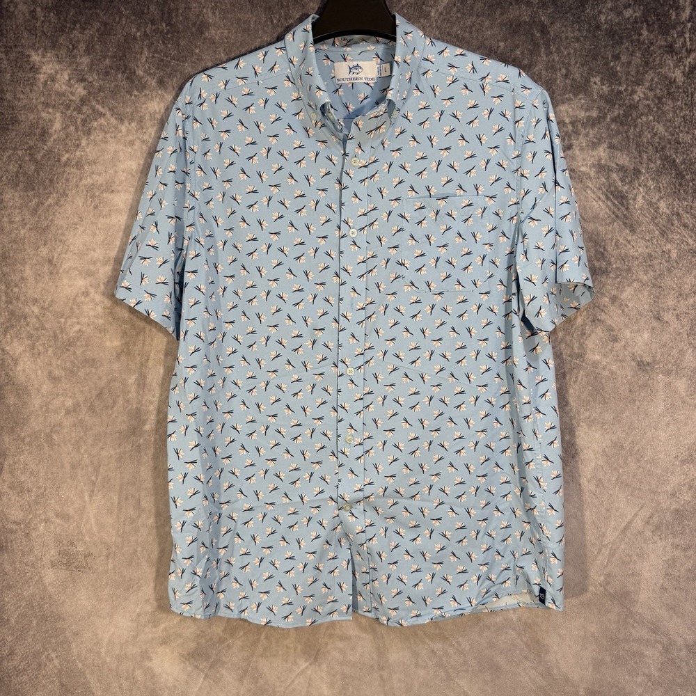 Southern Tide Shirt Mens Large Blue Tropical Floral Short Sleeve Button Down
